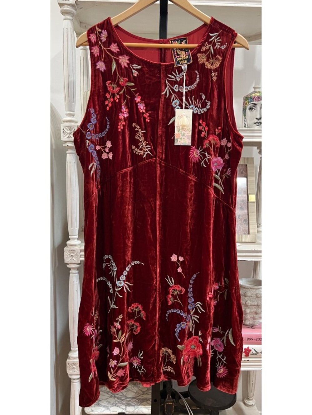 Johnny Was $378 Velvet Chevron Tank Dress Size XL Floral Embroidered Mini - Picture 3 of 8